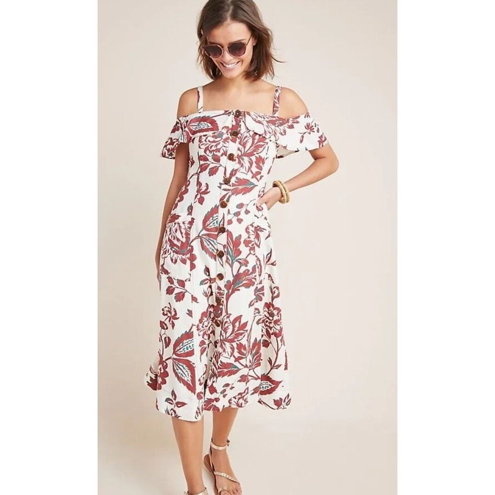 Anthropologie Women's Oahu Off The Shoulder Midi Dress Floral Size 10 A006251